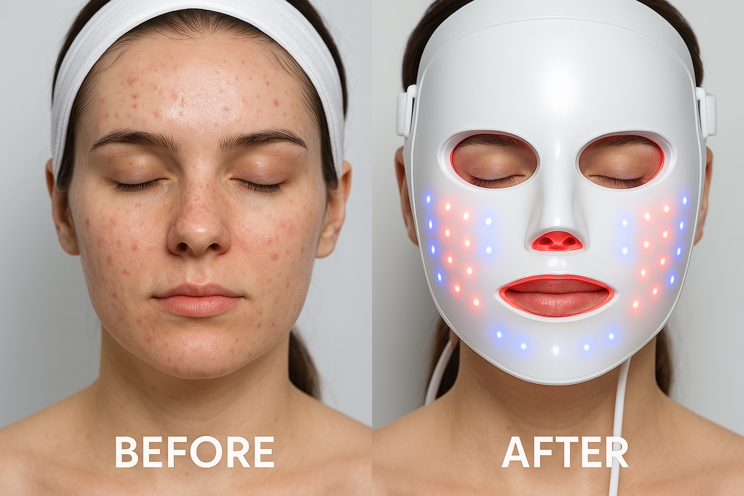PLEASE GENERATE ACNE BEFORE AND AFTER PICTURE AND PLEASE MAKE IT REALISTIC USING LED LIGHT FACE MASK