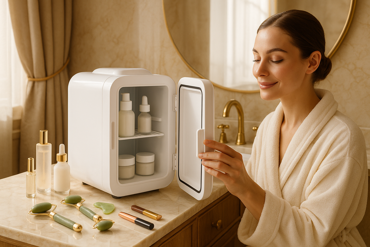 2. Lifestyle Image (Emotional Appeal)

Fridge placed on a vanity table, in a bathroom, or beside makeup/skincare items.

Aesthetic background (marble, soft pink, beige, or wooden textures).

Optional: model opening the fridge, smiling, or applying a cold skincare product taken from it.

👉 These images answer: “How will this look in my space and life?”