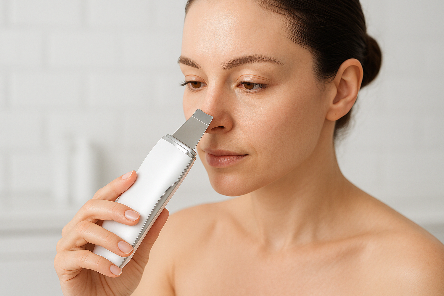 please generate a gif of a women removing blackhead using ultra sonic spatula and blackhead remover