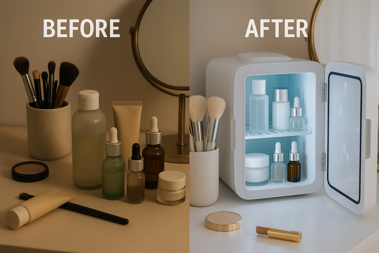 please generate a make up fridge 5. Before & After / Benefit Photo

Side-by-side:

Without fridge: cluttered vanity, dull skincare packaging.

With fridge: neatly stored, glowing aesthetic setup.

Or: “Vitamin C serum lasting longer when refrigerated.”