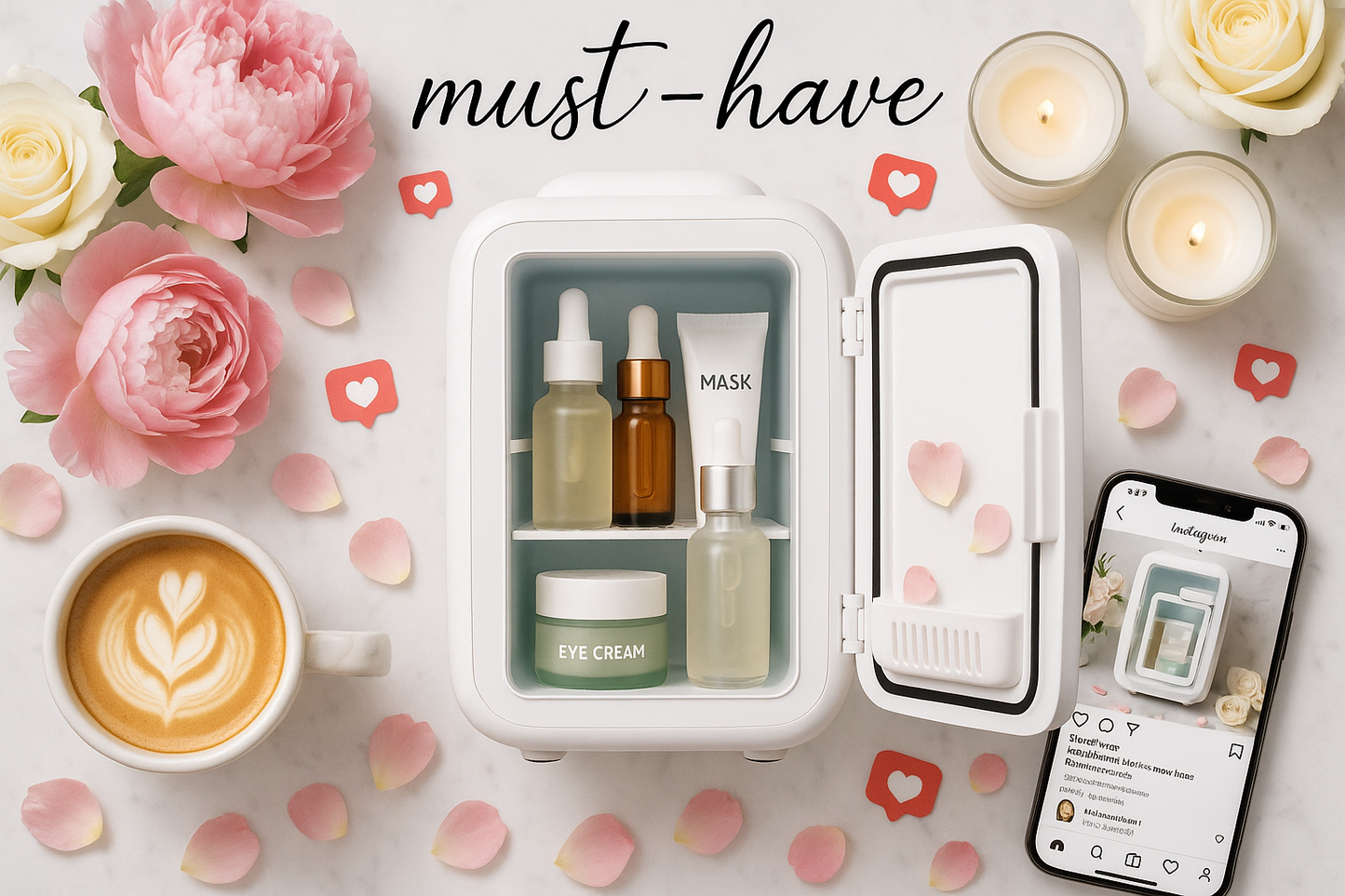 please generate a make up fridge image that is more clear and User-Generated Style / Social Proof

Instagram-style flat lays (makeup fridge + flowers, coffee, candles).

Screenshots/mockups of influencer posts.

👉 Builds trust and FOMO (“others love it, I want it too”).
