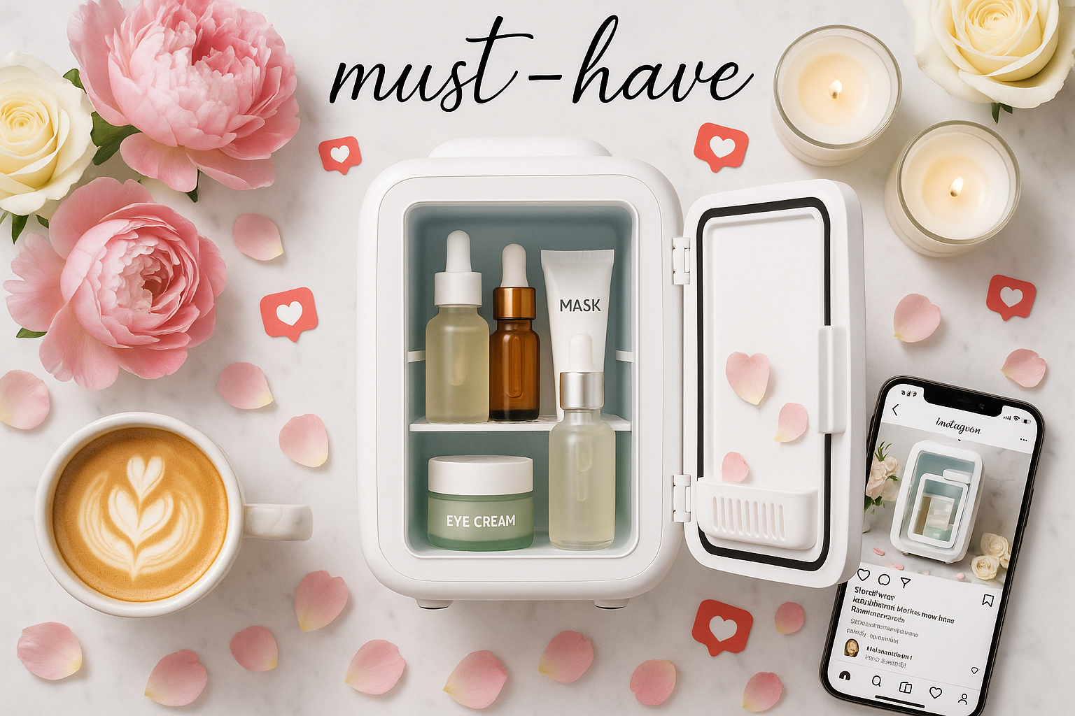 please generate a make up fridge image that is more clear and User-Generated Style / Social Proof

Instagram-style flat lays (makeup fridge + flowers, coffee, candles).

Screenshots/mockups of influencer posts.

👉 Builds trust and FOMO (“others love it, I want it too”).