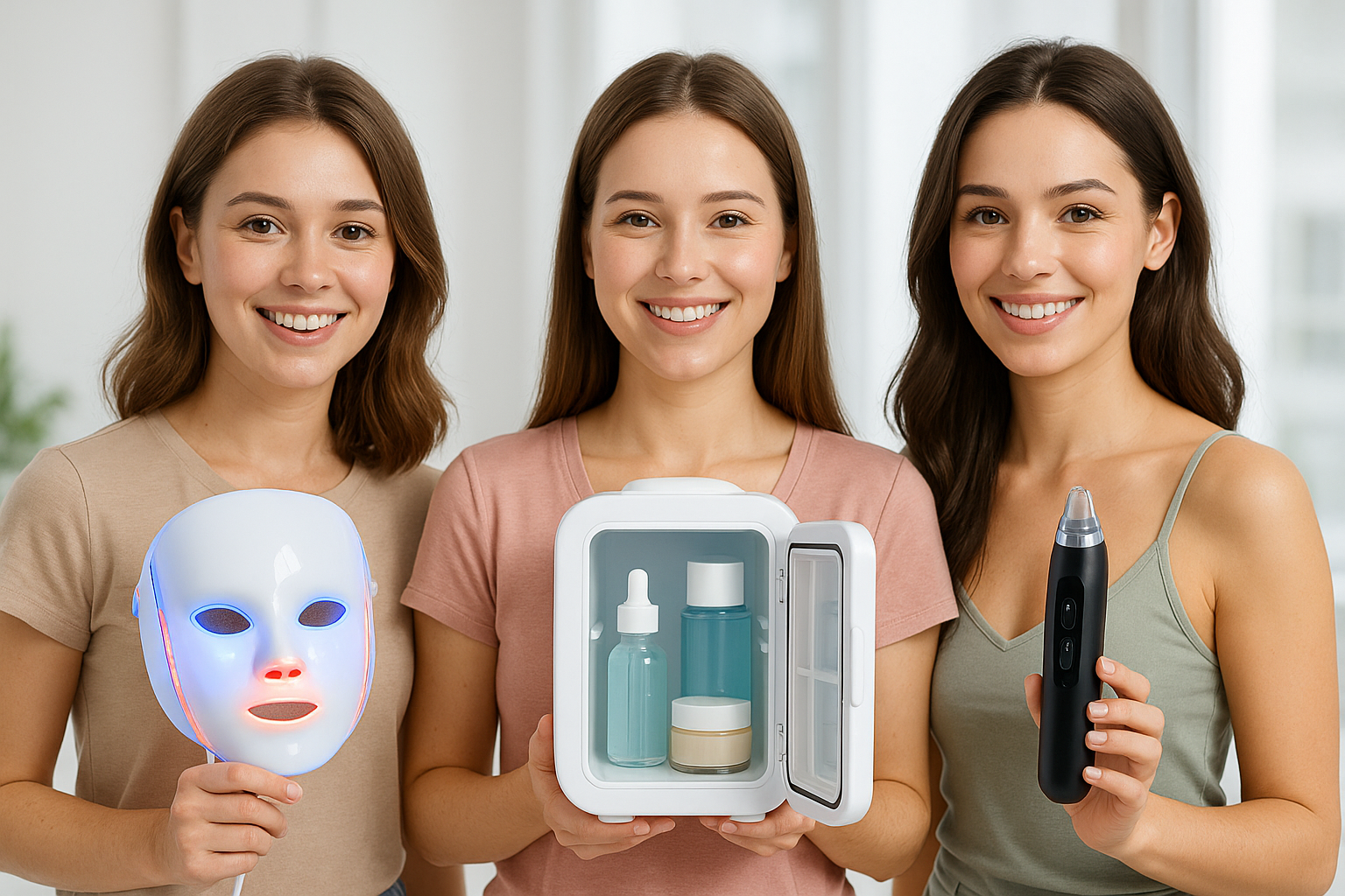 PLEASE GENERATE A PICTURE OF 3 REAL LOOK ALIKE GIRLS 1 HOLDING AND LED FACEMASK ,1 HOLDING MAKE UP FRIDGE AND THE OTHER 1 HOLDING BLACKHEAD REMOVER