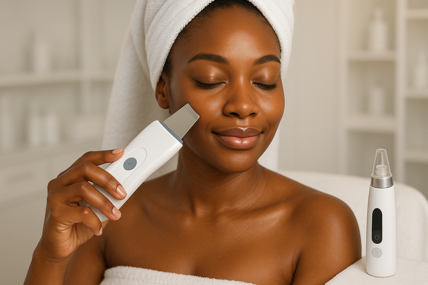 please generate a picture of a black girl using ultra sonic skin spatula and black head remover