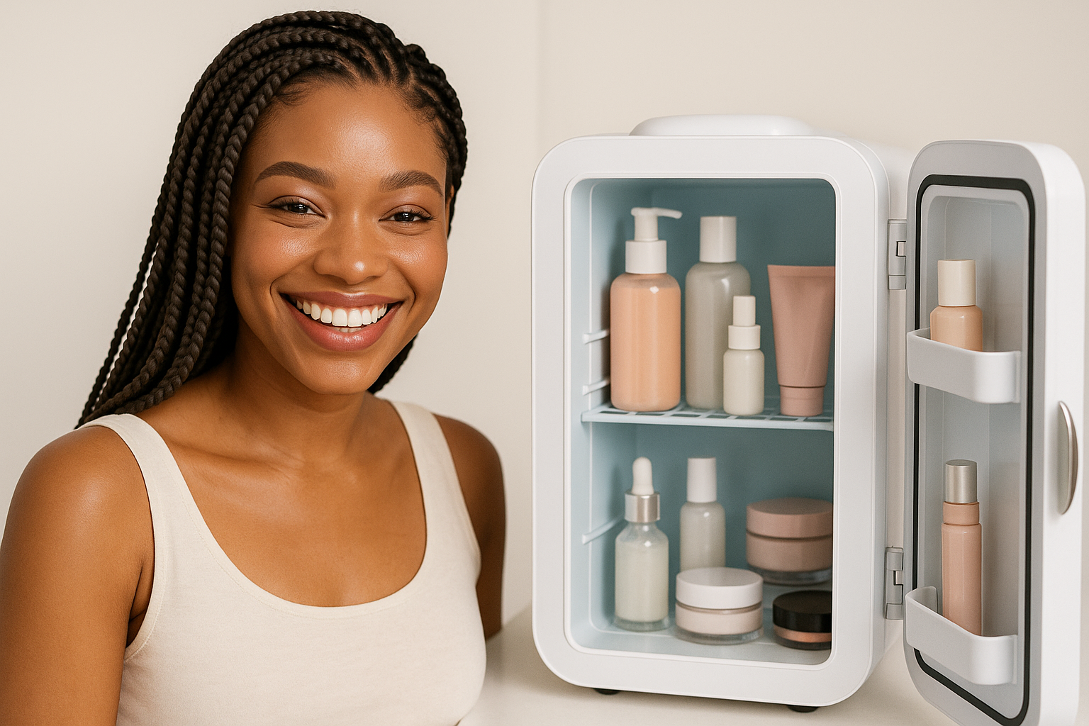 please generate a picture of a women wearing a weave and smilling next to make up fridge 