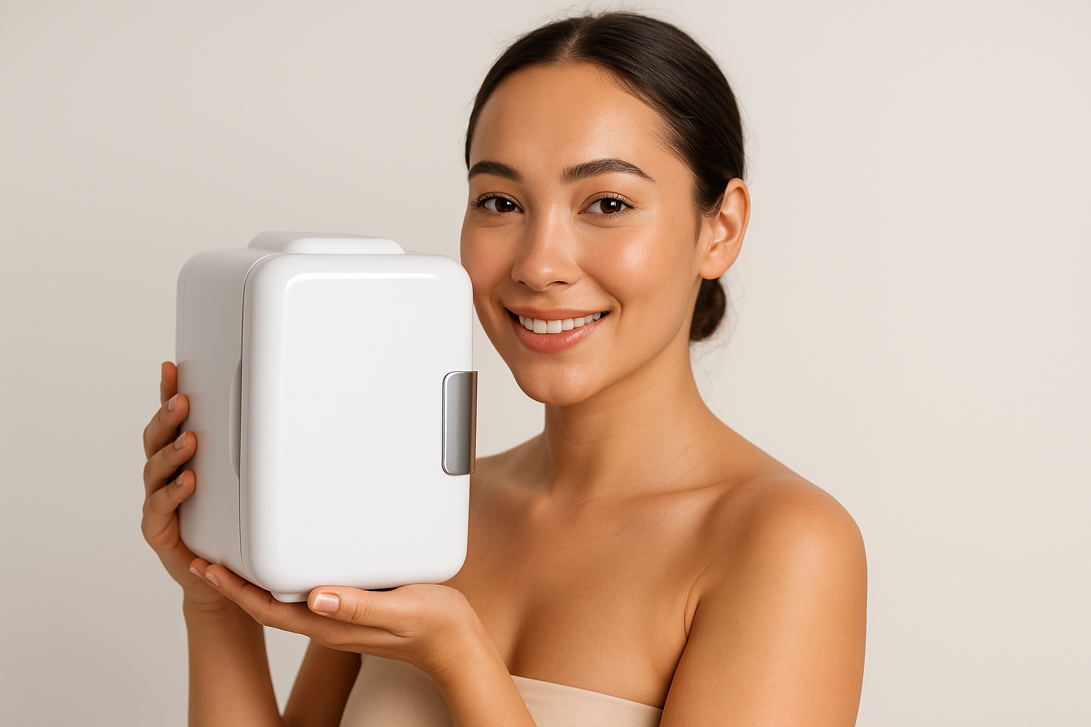 please generate a real look a like girl holding a make up fridge 