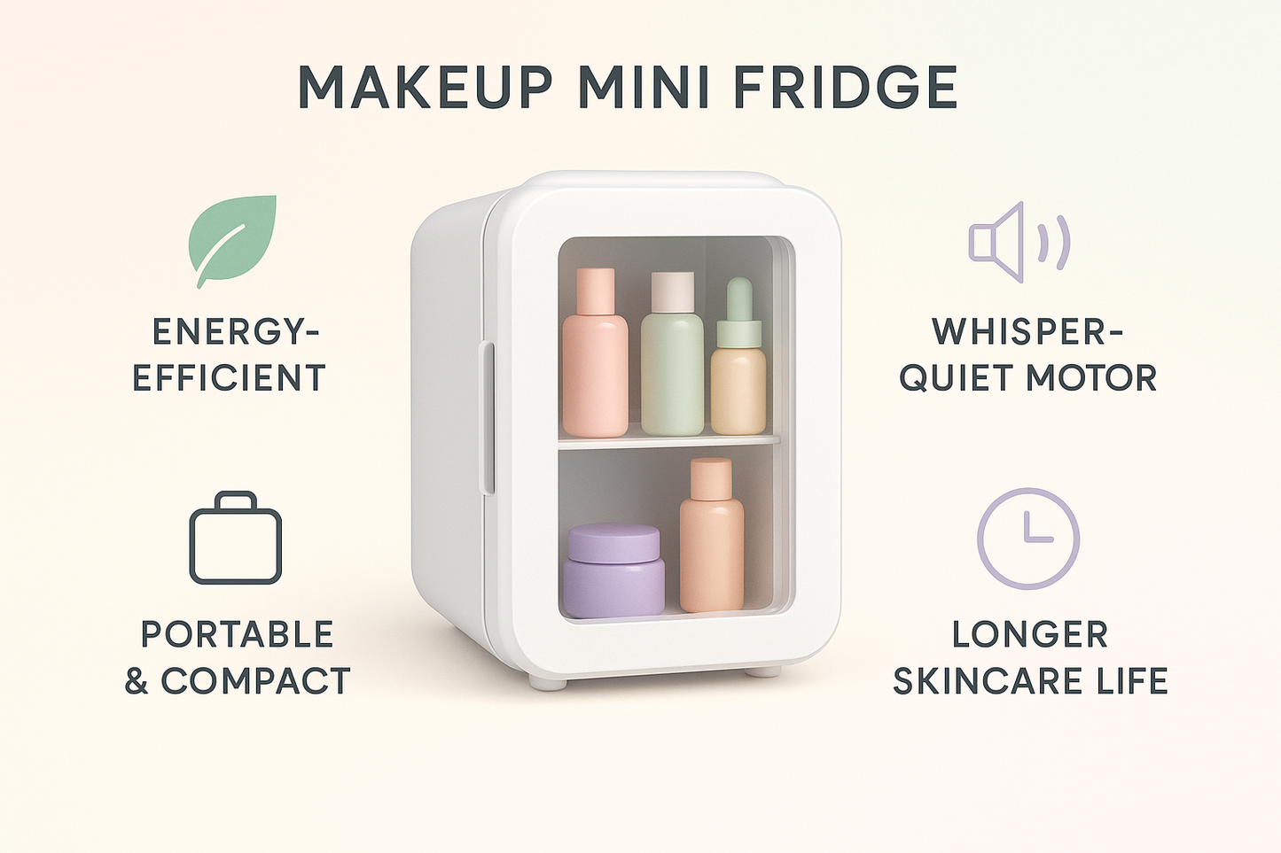 please generate for me a make up fridge image with omparison / Feature Highlight Image

Infographic-style photo:

Energy-efficient icon

Whisper-quiet motor icon

Portable & compact design

Longer skincare life

Keep text minimal, stylish, and pastel-themed.

👉 Helps skimmers instantly see why your fridge > others.