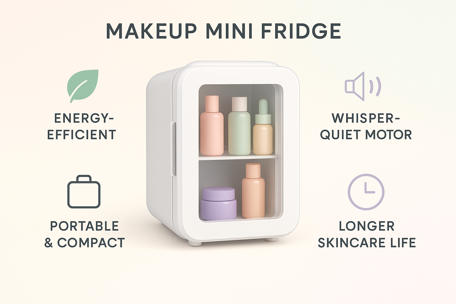 please generate for me a make up fridge image with omparison / Feature Highlight Image

Infographic-style photo:

Energy-efficient icon

Whisper-quiet motor icon

Portable & compact design

Longer skincare life

Keep text minimal, stylish, and pastel-themed.

👉 Helps skimmers instantly see why your fridge > others.
