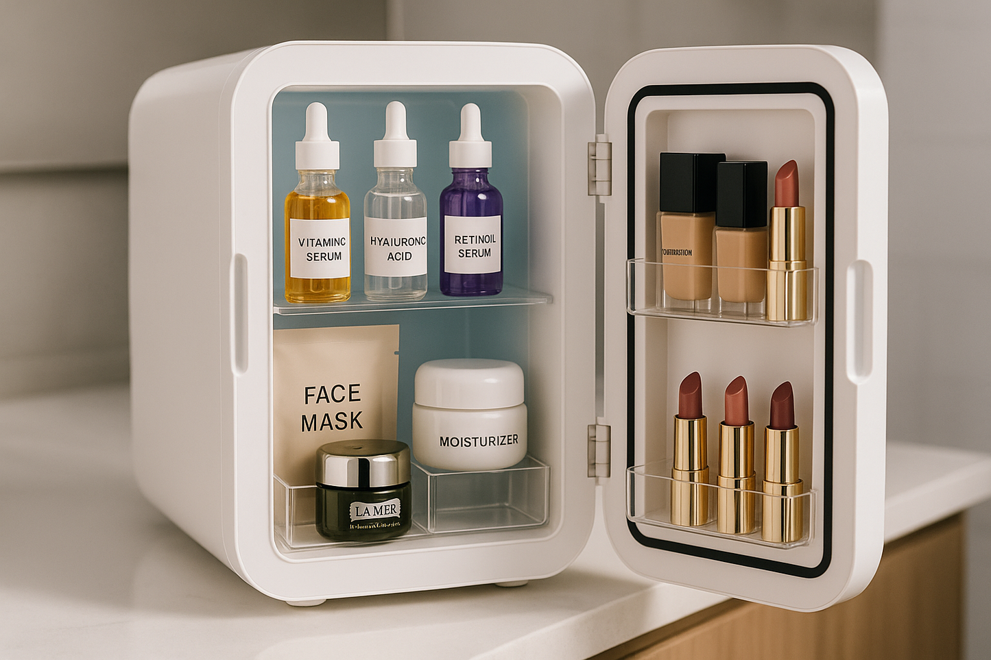 please generate for me high quality picture of a make up fridge that is filled neatly with serums and other mak up