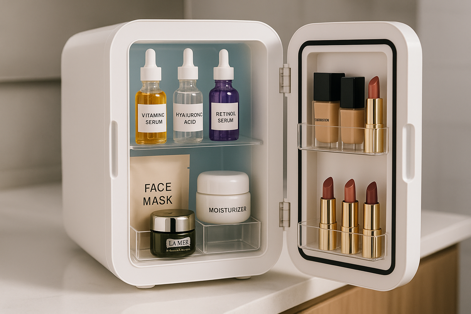 please generate for me high quality picture of a make up fridge that is filled neatly with serums and other mak up
