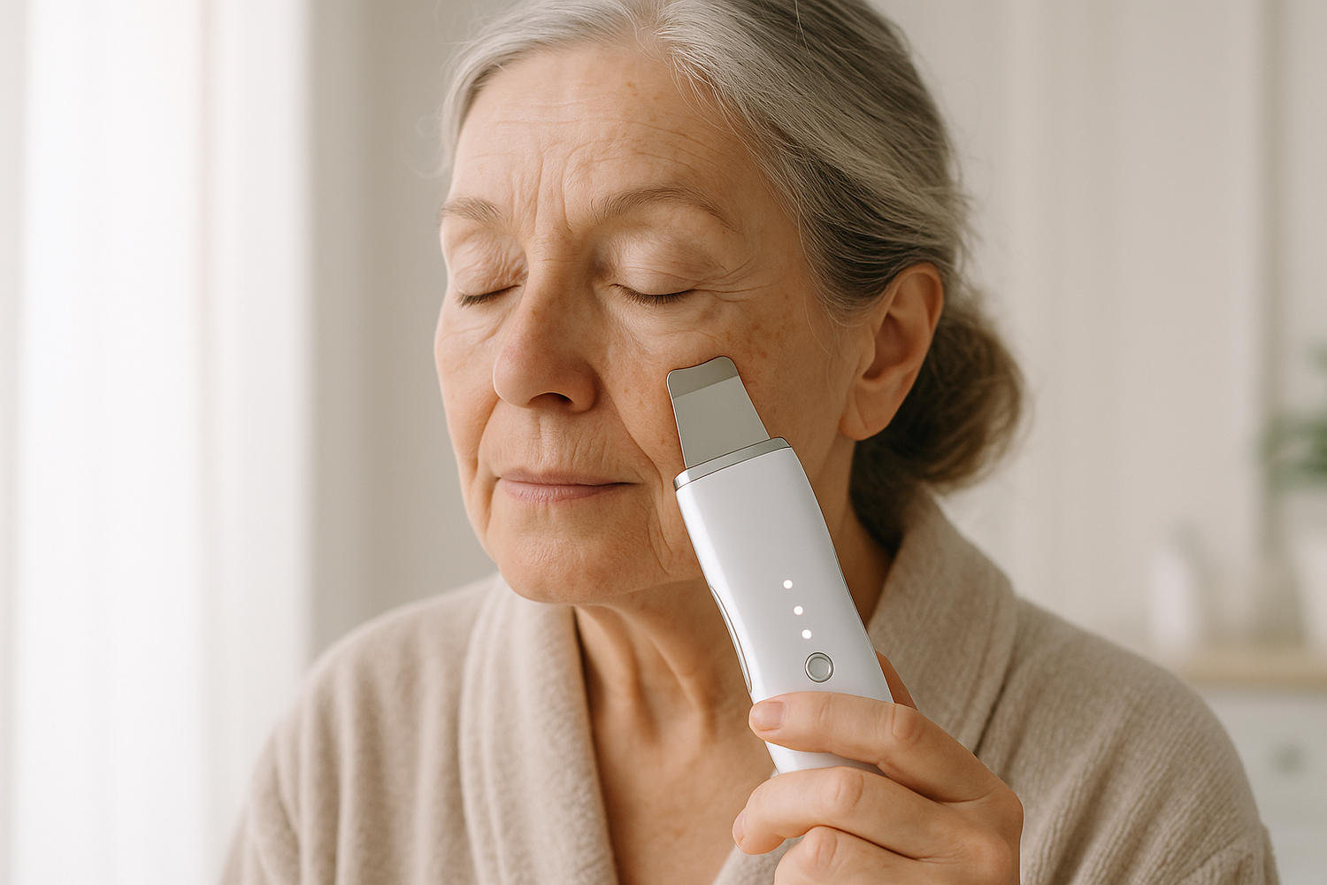 please make a old women with acne using ultra sonic face srub